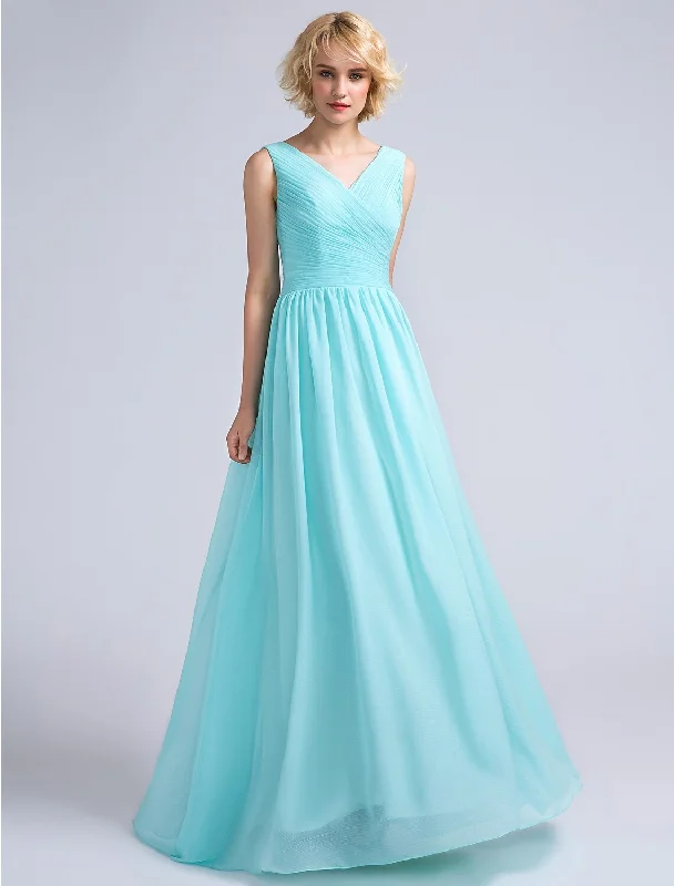 A-Line Bridesmaid Dress V Neck Sleeveless Open Back Floor Length Chiffon with Criss Cross Dark color unclassified dresses