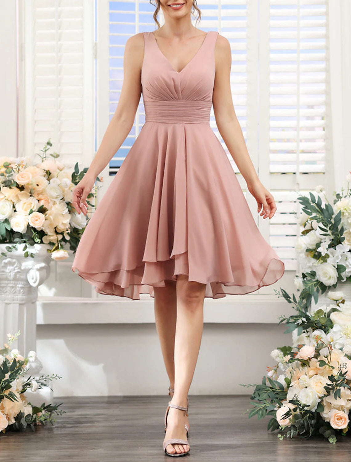 A-Line Bridesmaid Dress V Neck Sleeveless Pink Knee Length Chiffon with Ruching / Solid Color Velvet unclassified dresses