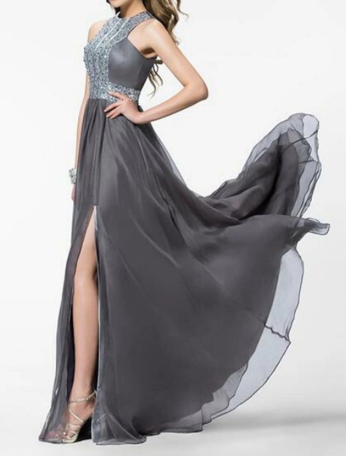 A-Line Empire Prom Formal Evening Dress Jewel Neck Sleeveless Sweep / Brush Train Chiffon with Crystals Split Front A-line unclassified dresses