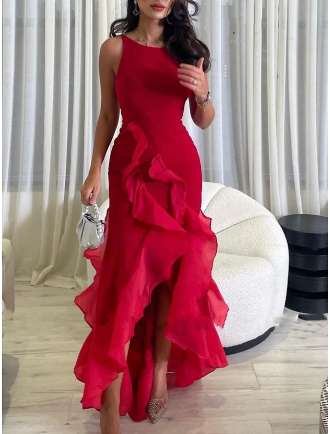 A-Line Evening Gown Elegant Dress Formal Ankle Length Christmas Red Green Dress Sleeveless Scoop Neck Stretch Chiffon with Ruffles Slit Street style unclassified dresses