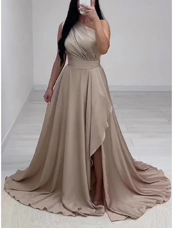 A-Line Evening Gown Elegant Dress Formal Chapel Train Sleeveless One Shoulder Charmeuse with Pleats Slit Vintage unclassified dresses