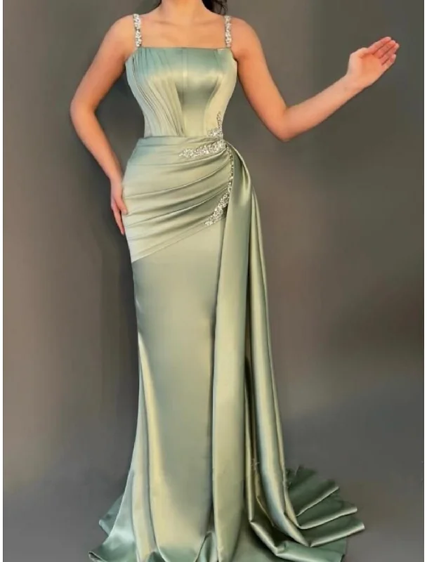 A-Line Evening Gown Elegant Dress Formal Sweep / Brush Train Christmas Red Green Dress Sleeveless Spaghetti Strap Satin with Pleats Ruched Crystals Soft fabric unclassified dresses