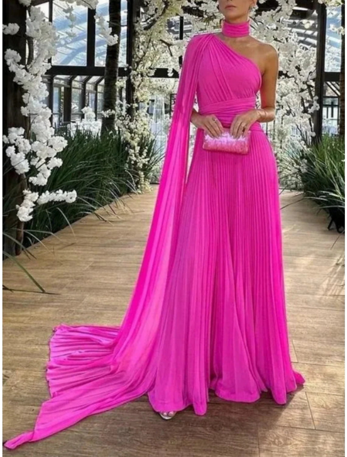 A-Line Evening Gown Elegant Dress Formal Sweep / Brush Train Sleeveless One Shoulder Chiffon with Pleats Ruched A-line unclassified dresses