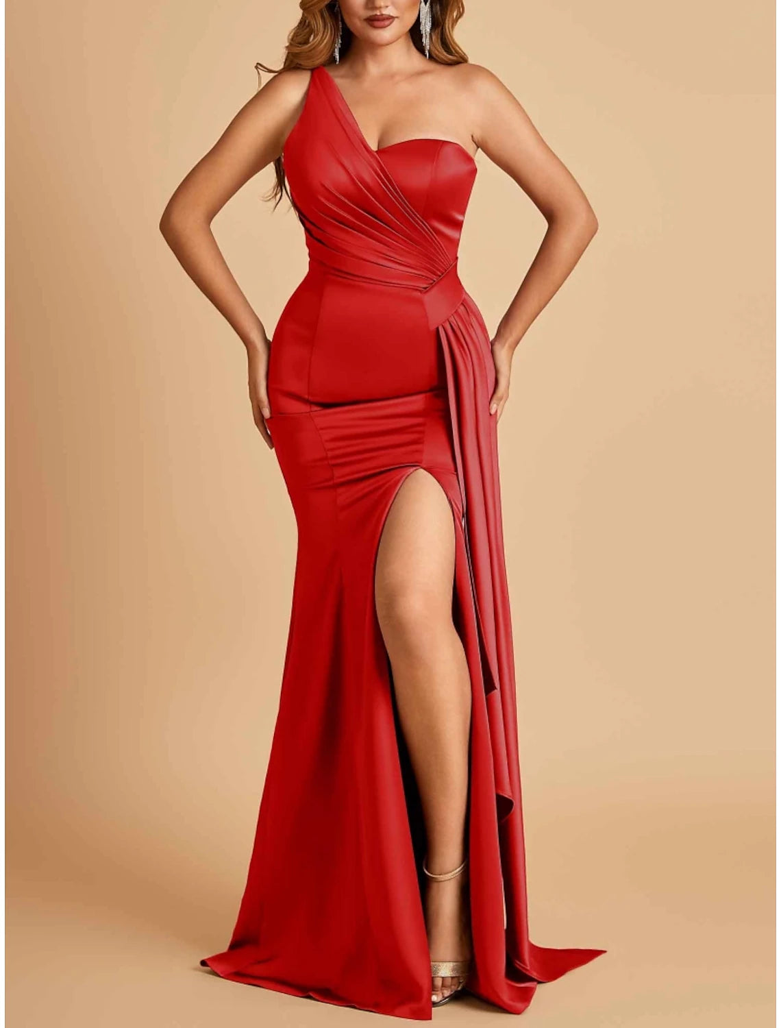 A-Line Evening Gown High Split Dress Formal Sweep / Brush Train Sleeveless One Shoulder Satin with Pleats Slit Club unclassified dresses