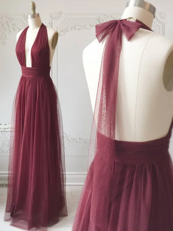 A Line Halter Neck Backless Burgundy Prom Dresses, Backless Burgundy Formal Dresses, Burgundy Evening Dresses Tiered unclassified dresses