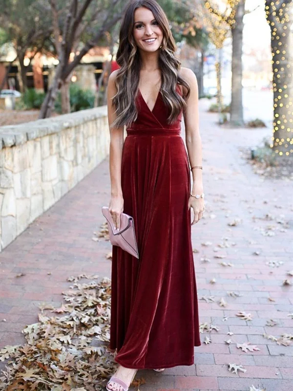 A Line Halter V Neck Backless Ankle Length Burgundy Prom Dresses, Backless Wine Red Velet Formal Dresses, Maroon Evening Dresses Fall unclassified dresses