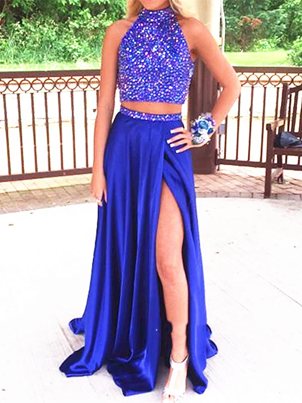 A Line High Neck 2 Pieces Blue Prom Dresses, 2 Pieces Blue Formal Dresses Metallic unclassified dresses