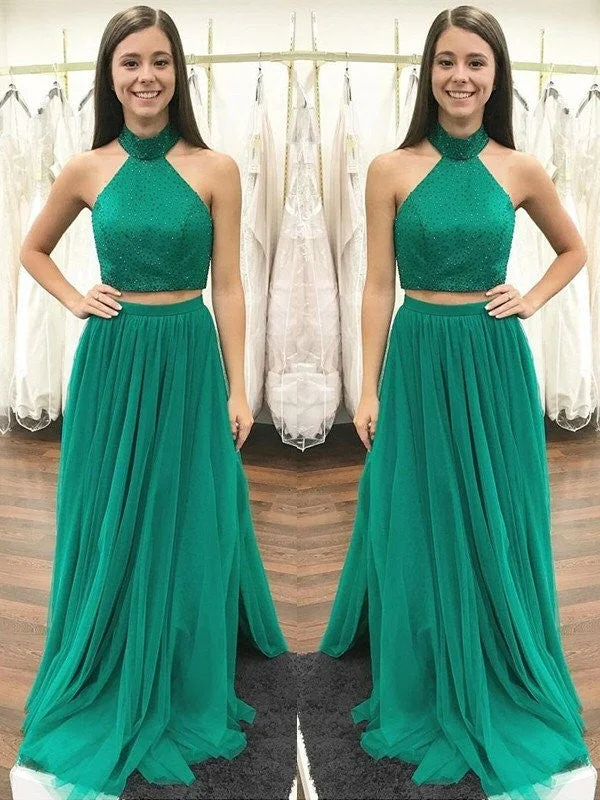 A Line High Neck Two Pieces Green Prom Dress With Beading, Green Formal Dress, Two Pieces Evening Dress Bright color unclassified dresses