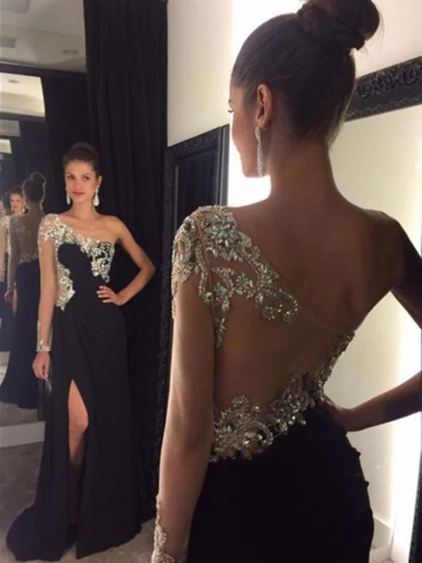 A Line One Shoulder Black Backless Prom Dress, Black Backless Formal Dress Party unclassified dresses