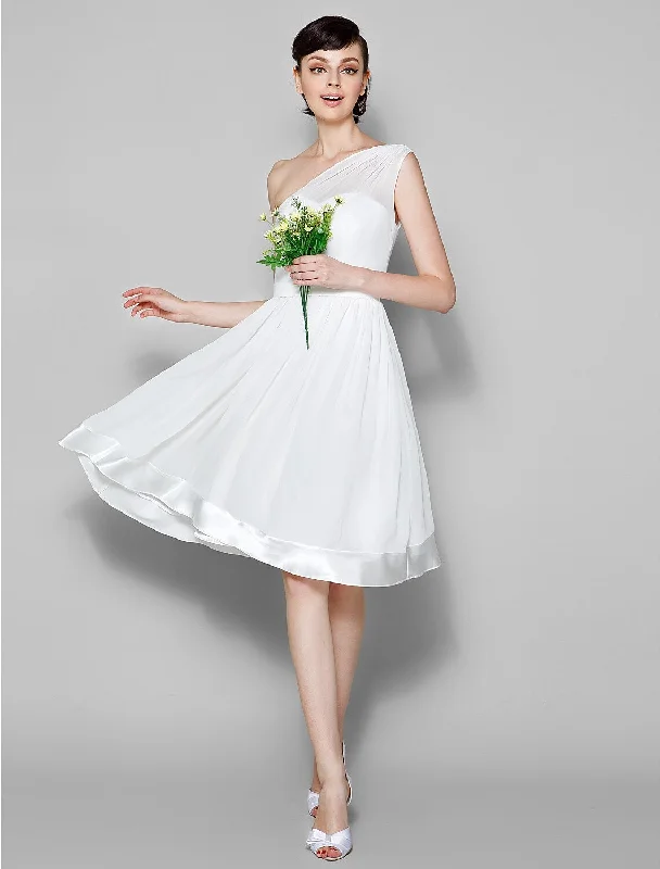 A-Line One Shoulder Knee Length Georgette Bridesmaid Dress with Sash / Ribbon Ruffled unclassified dresses