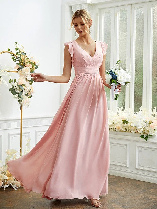 A-Line/Princess Chiffon Ruched V-neck Sleeveless Floor-Length Bridesmaid Dresses Formal unclassified dresses