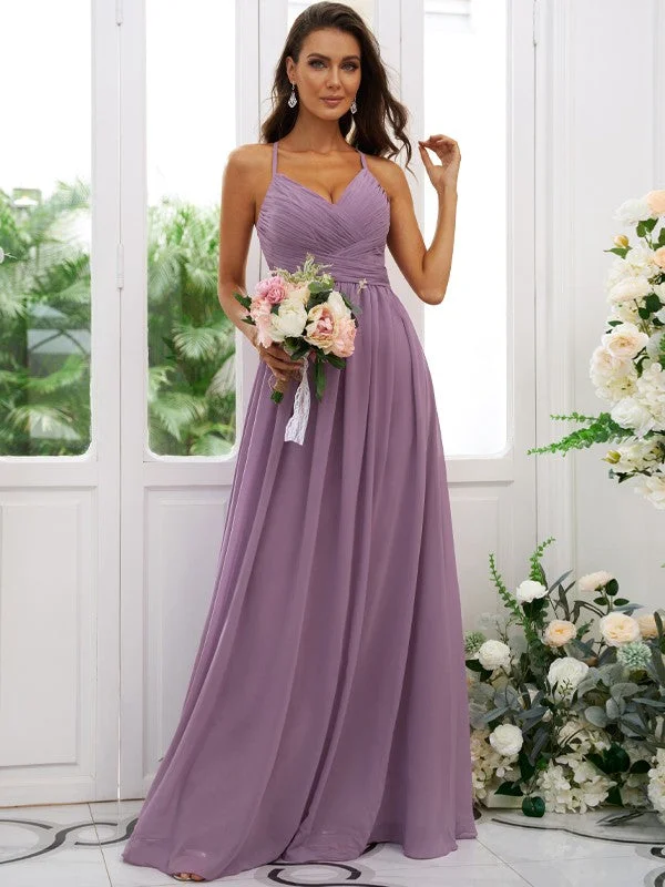 A-Line/Princess Chiffon Ruched V-neck Sleeveless Floor-Length Bridesmaid Dresses Spring unclassified dresses