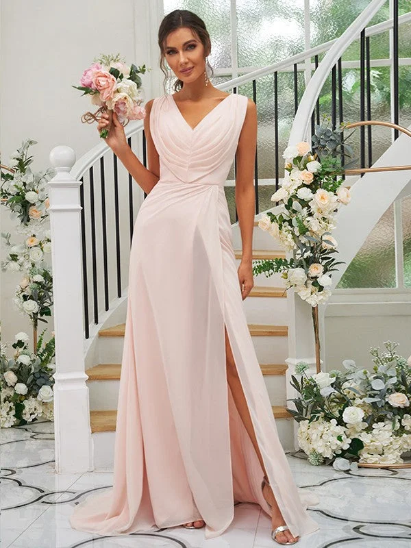 A-Line/Princess Chiffon Ruched V-neck Sleeveless Sweep/Brush Train Bridesmaid Dresses Affordable unclassified dresses