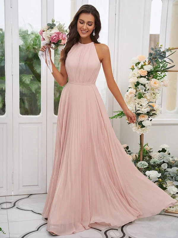 A-Line/Princess Chiffon Ruffles Halter Sleeveless Floor-Length Bridesmaid Dresses Polka dot unclassified dresses