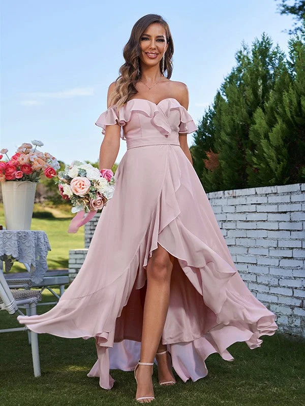 A-Line/Princess Chiffon Ruffles Off-The-Shoulder Sleeveless Asymmetrical Bridesmaid Dresses High-end unclassified dresses