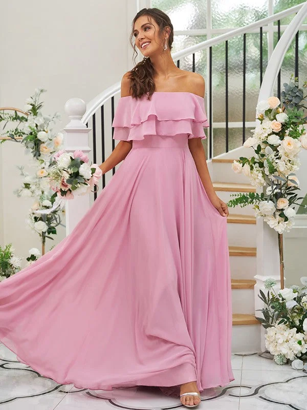 A-Line/Princess Chiffon Ruffles Off-the-Shoulder Sleeveless Floor-Length Bridesmaid Dresses Earthy tone unclassified dresses