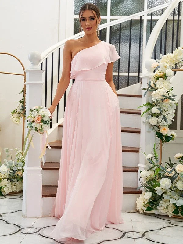 A-Line/Princess Chiffon Ruffles One-Shoulder Sleeveless Floor-Length Bridesmaid Dresses Monochrome unclassified dresses