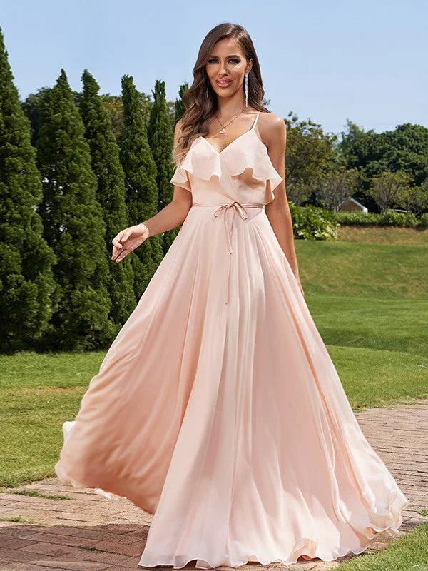 A-Line/Princess Chiffon Sash/Ribbon/Belt V-Neck Sleeveless Floor-Length Bridesmaid Dresses Budget-friendly unclassified dresses