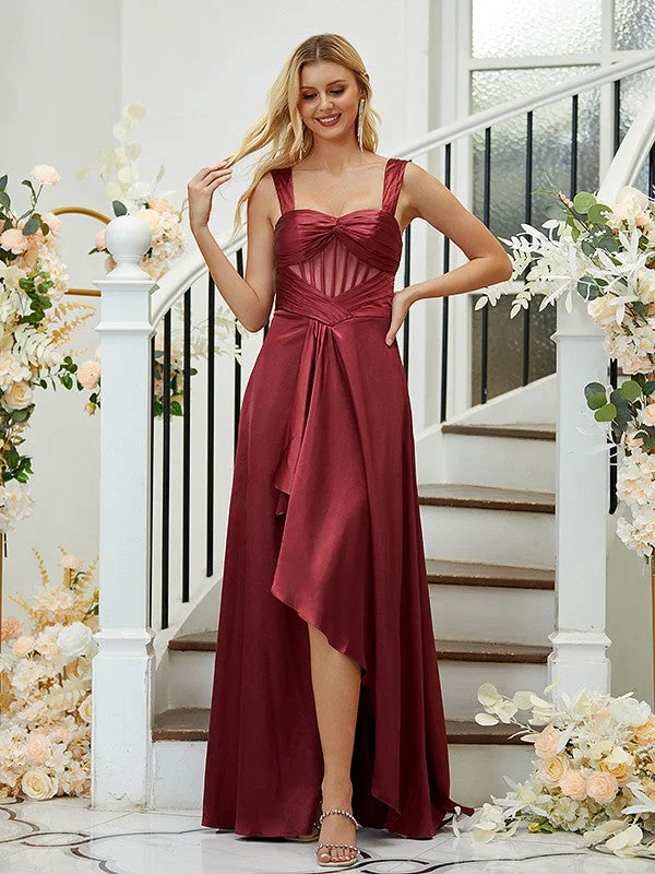 A-Line/Princess  Woven Satin Ruched Straps Sleeveless Asymmetrical Bridesmaid Dresses Party unclassified dresses