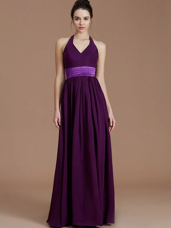 A-Line/Princess Halter Sleeveless Sash/Ribbon/Belt Floor-Length Chiffon Bridesmaid Dresses Ruffled unclassified dresses