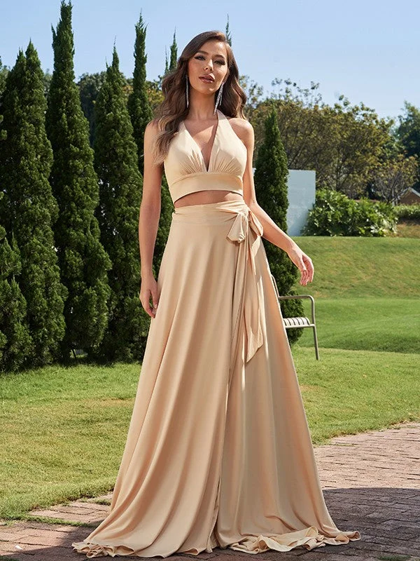 A-Line/Princess Jersey Bowknot Halter Sleeveless Sweep/Brush Train Two Piece Bridesmaid Dresses Ruffled unclassified dresses