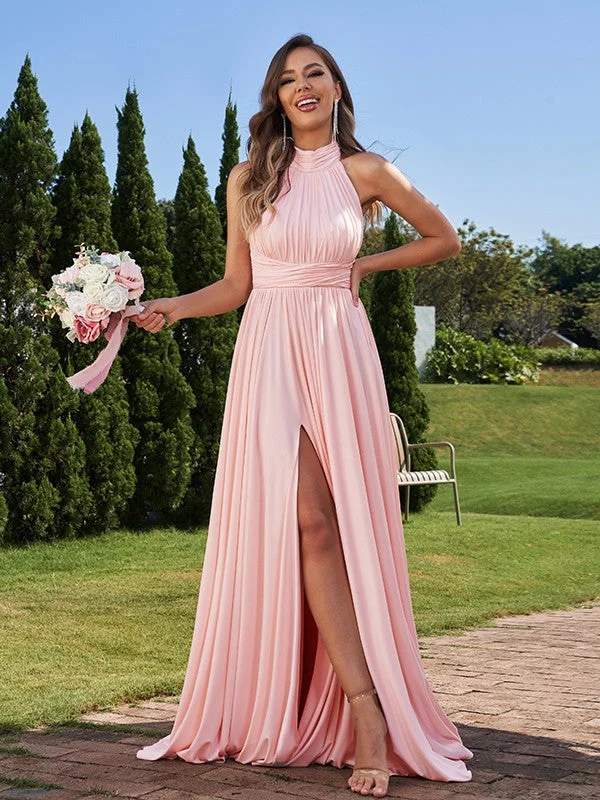 A-Line/Princess Jersey Ruched Halter Sleeveless Floor-Length Bridesmaid Dresses Chic unclassified dresses