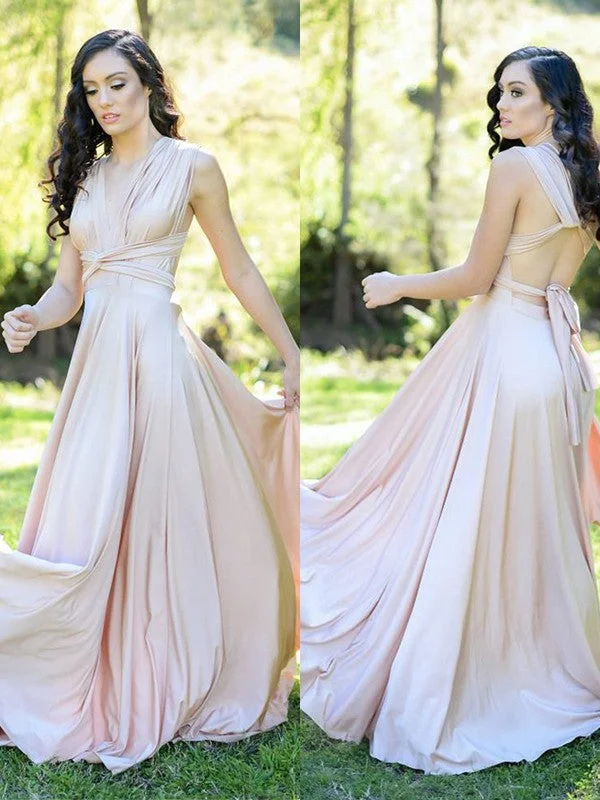 A-Line/Princess Jersey Ruffles V-neck Sleeveless Floor-Length Bridesmaid Dresses Metallic unclassified dresses