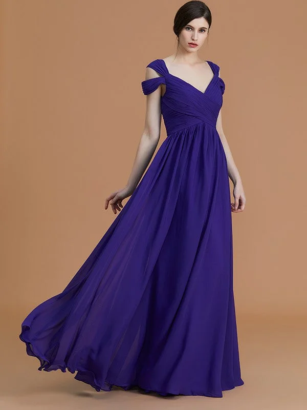 A-Line/Princess Off-the-Shoulder Sleeveless Floor-Length Ruched Chiffon Bridesmaid Dresses Elegant evening unclassified dresses