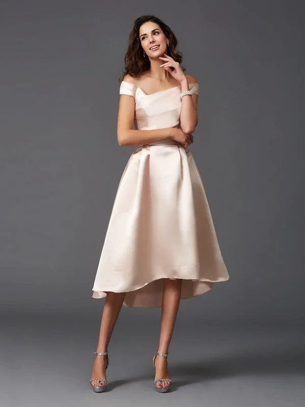 A-Line/Princess Off-the-Shoulder Sleeveless High Low Satin Bridesmaid Dresses Lace unclassified dresses