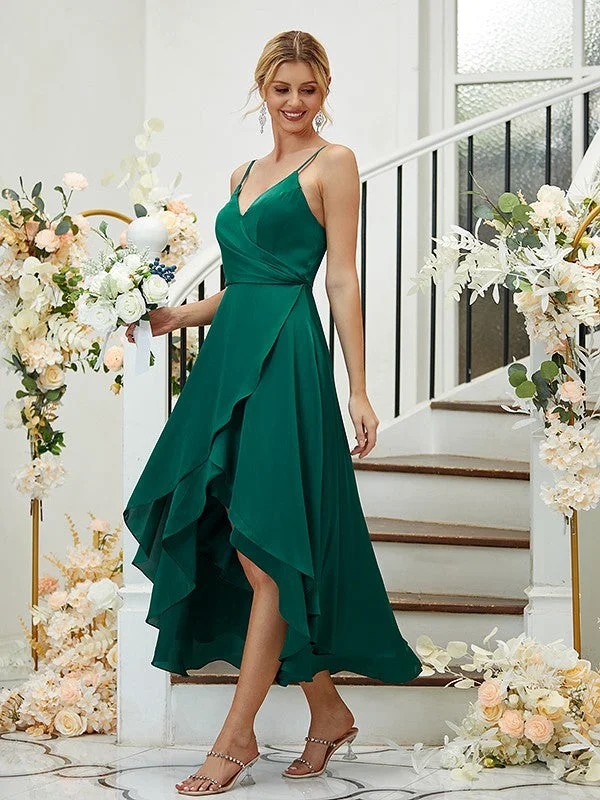 A-Line/Princess Satin Chiffon Ruched V-neck Sleeveless Asymmetrical Bridesmaid Dresses Monochrome unclassified dresses