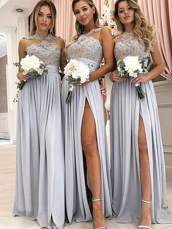 A-Line/Princess Silk like Satin Ruched Scoop Sleeveless Floor-Length Bridesmaid Dresses Trendy new unclassified dresses