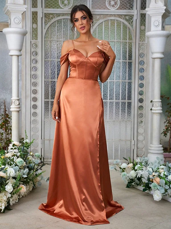 A-Line/Princess Silk like Satin Ruched Sweetheart Sleeveless Sweep/Brush Train Bridesmaid Dresses Elegant evening unclassified dresses