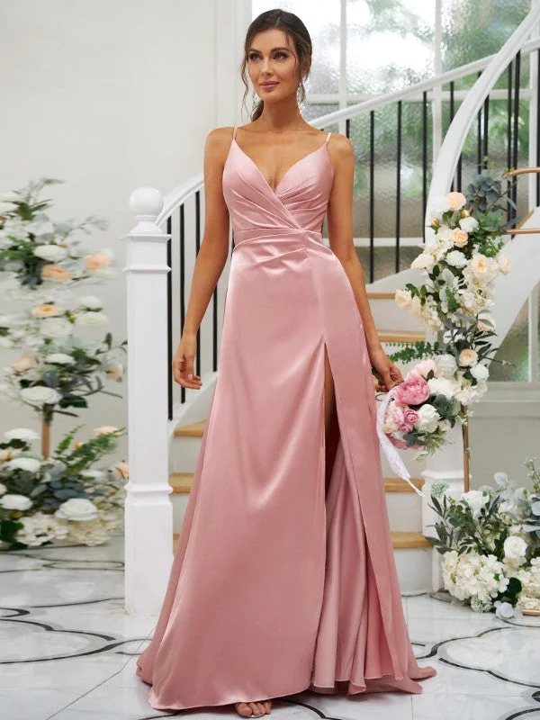 A-Line/Princess Silk like Satin Ruched V-neck Sleeveless Floor-Length Bridesmaid Dresses Luxury unclassified dresses