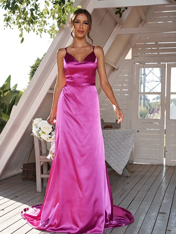 A-Line/Princess Silk like Satin Ruched V-neck Sleeveless Sweep/Brush Train Bridesmaid Dresses Soft fabric unclassified dresses