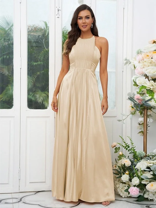 A-Line/Princess Silk like Satin Ruffles Halter Sleeveless Floor-Length Bridesmaid Dresses Metallic unclassified dresses