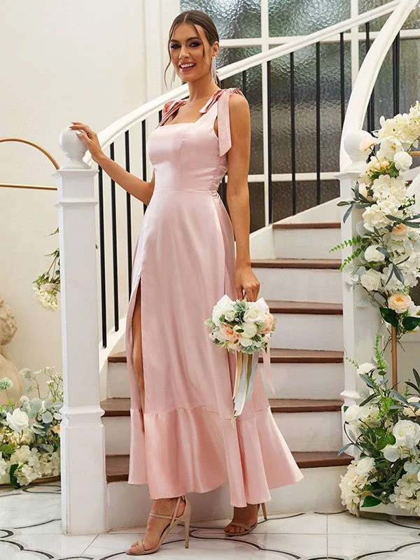 A-Line/Princess Silk like Satin Ruffles Straps Sleeveless Ankle-Length Bridesmaid Dresses Corset unclassified dresses