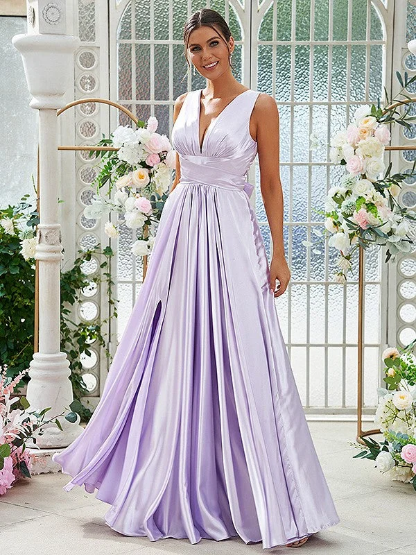 A-Line/Princess Silk like Satin Ruffles V-neck Sleeveless Floor-Length Bridesmaid Dresses Discounted unclassified dresses