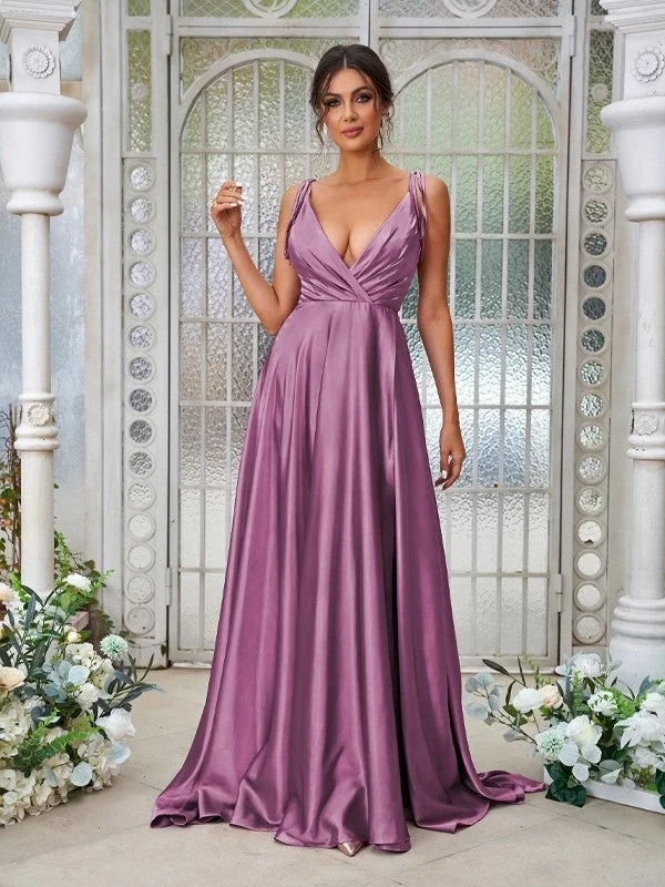 A-Line/Princess Silk like Satin Ruffles V-neck Sleeveless Sweep/Brush Train Bridesmaid Dresses Cocktail unclassified dresses