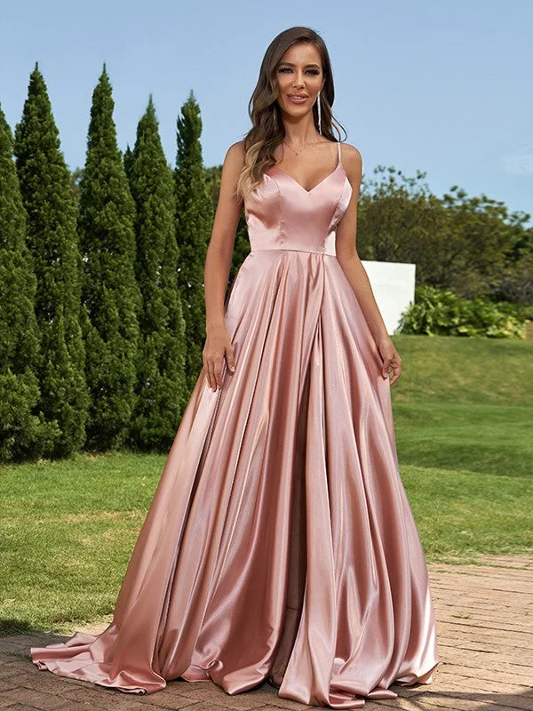 A-Line/Princess Silk like Satin Ruffles V-Neck Sleeveless Sweep/Brush Train Bridesmaid Dresses Fashionable unclassified dresses