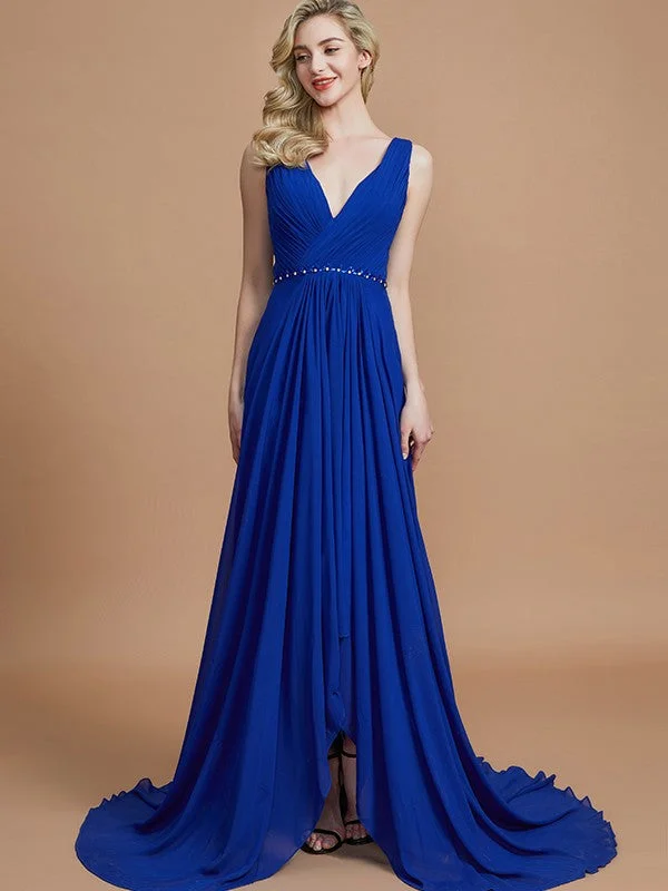 A-Line/Princess Sleeveless V-neck Chiffon Sweep/Brush Train Bridesmaid Dresses Petite unclassified dresses