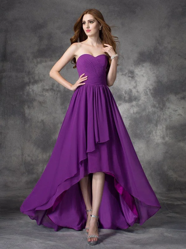 A-line/Princess Sweetheart Ruffles Sleeveless High Low Chiffon Bridesmaid Dresses Lightweight unclassified dresses