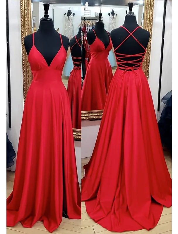 A-Line Prom Dresses Empire Dress Formal Court Train Sleeveless V Neck Charmeuse Backless with Pleats Slit Soft fabric unclassified dresses