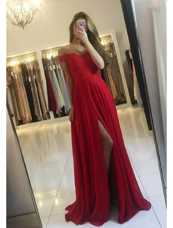 A-Line Prom Dresses Glittering Dress Formal Floor Length Sleeveless Off Shoulder Chiffon Backless with Pleats Slit Boho unclassified dresses