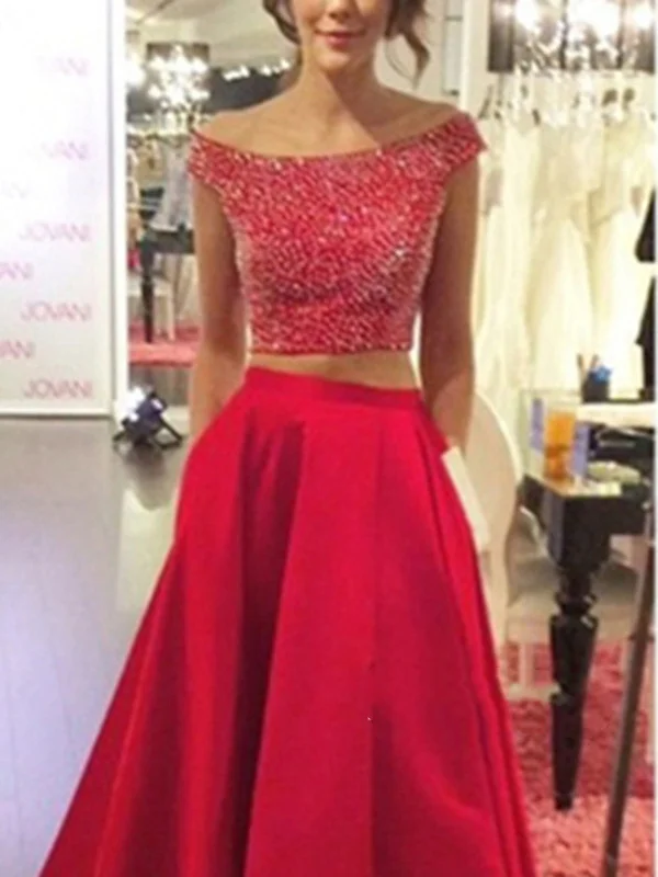 A Line Round Neck Cap Sleeves 2 Pieces Red Prom Dress, 2 Pieces Red Formal Dress Printed unclassified dresses