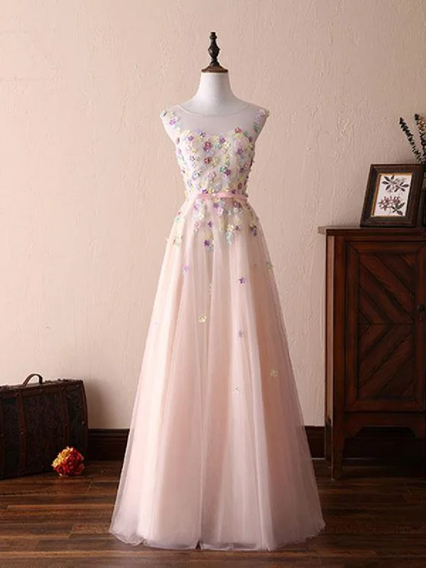 A Line Round Neck Flowers Appliques Light Pink Prom Dresses, Pink Formal Dresses, Evening Dresses with Flower Comfortable unclassified dresses