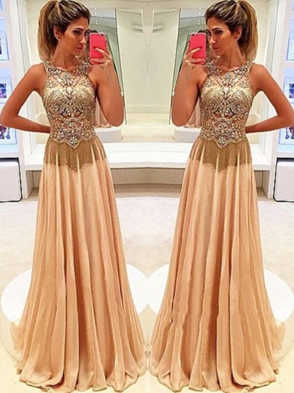 A Line Round Neck Sleeveless Beading Prom Dress with Sweep Train, Sweep Train Beaded Formal Dress Long unclassified dresses