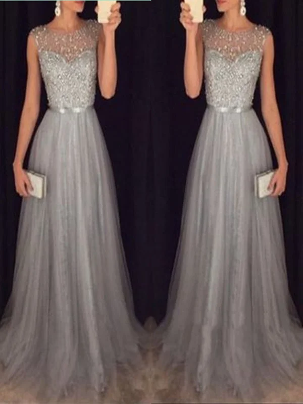 A Line Round Neck Sleeveless Grey Prom Dresses With Sweep Train, Grey Formal Dresses Ruched unclassified dresses