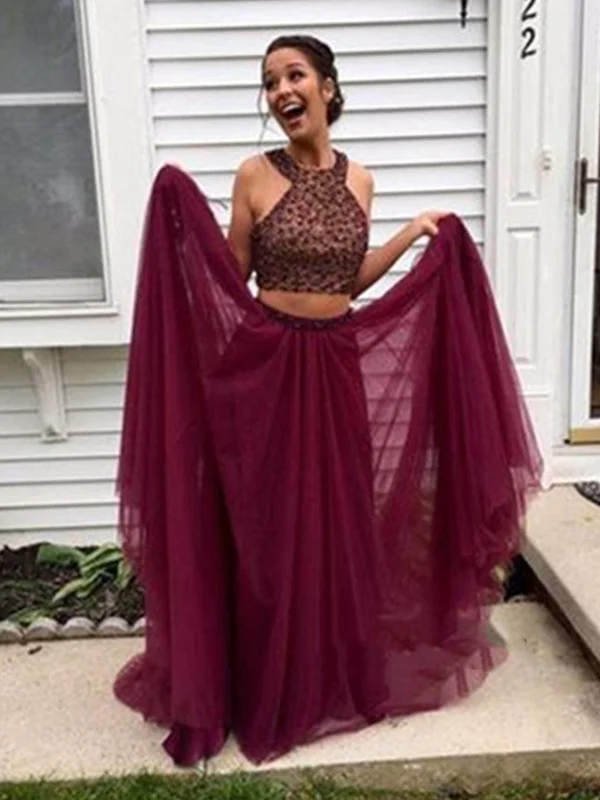 A Line Round Neck Two Pieces Maroon Prom Dresses, Two Pieces Maroon Formal Dresses Casual chic unclassified dresses