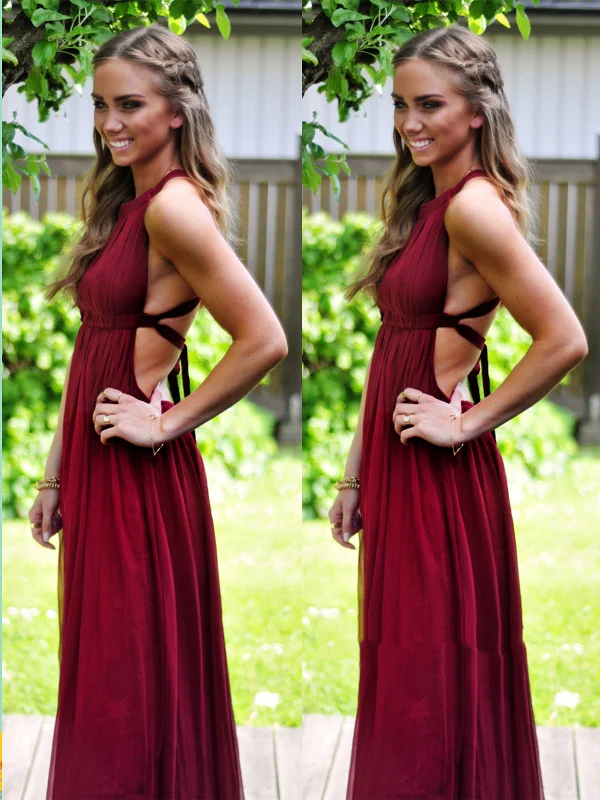 A Line Sleeveless Backless Maroon Prom Dress, Maroon Formal Dress, Maroon Bridesmaid Dress Chiffon unclassified dresses