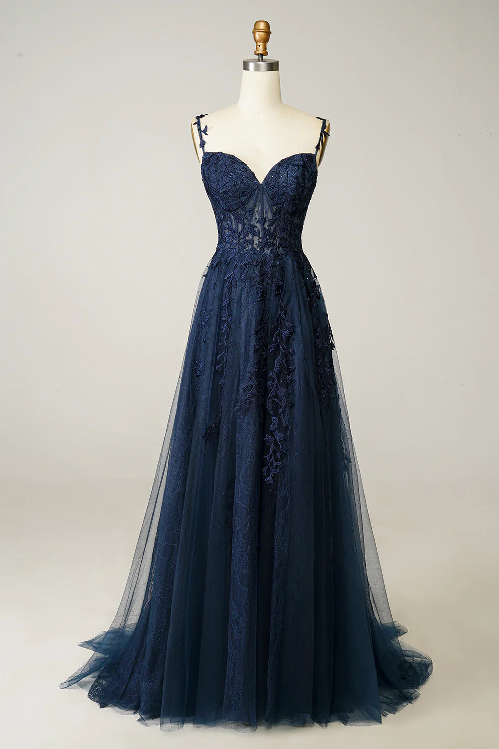 A Line Spaghetti Straps Navy Prom Dress with Appliques Lace unclassified dresses